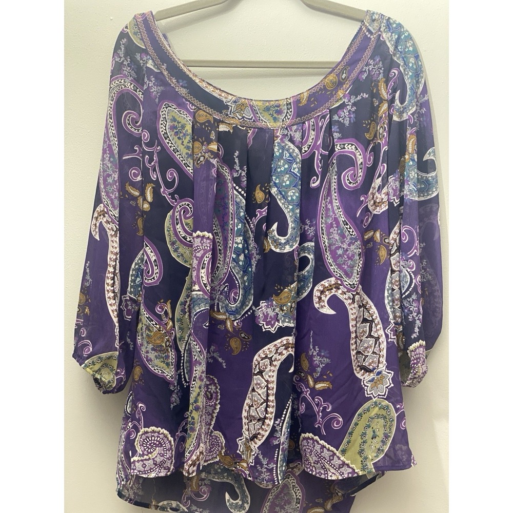 Avenue Blouse Women's Purple Paisley Flowy Semi Sheer Bohemian Festival Sz 18/20